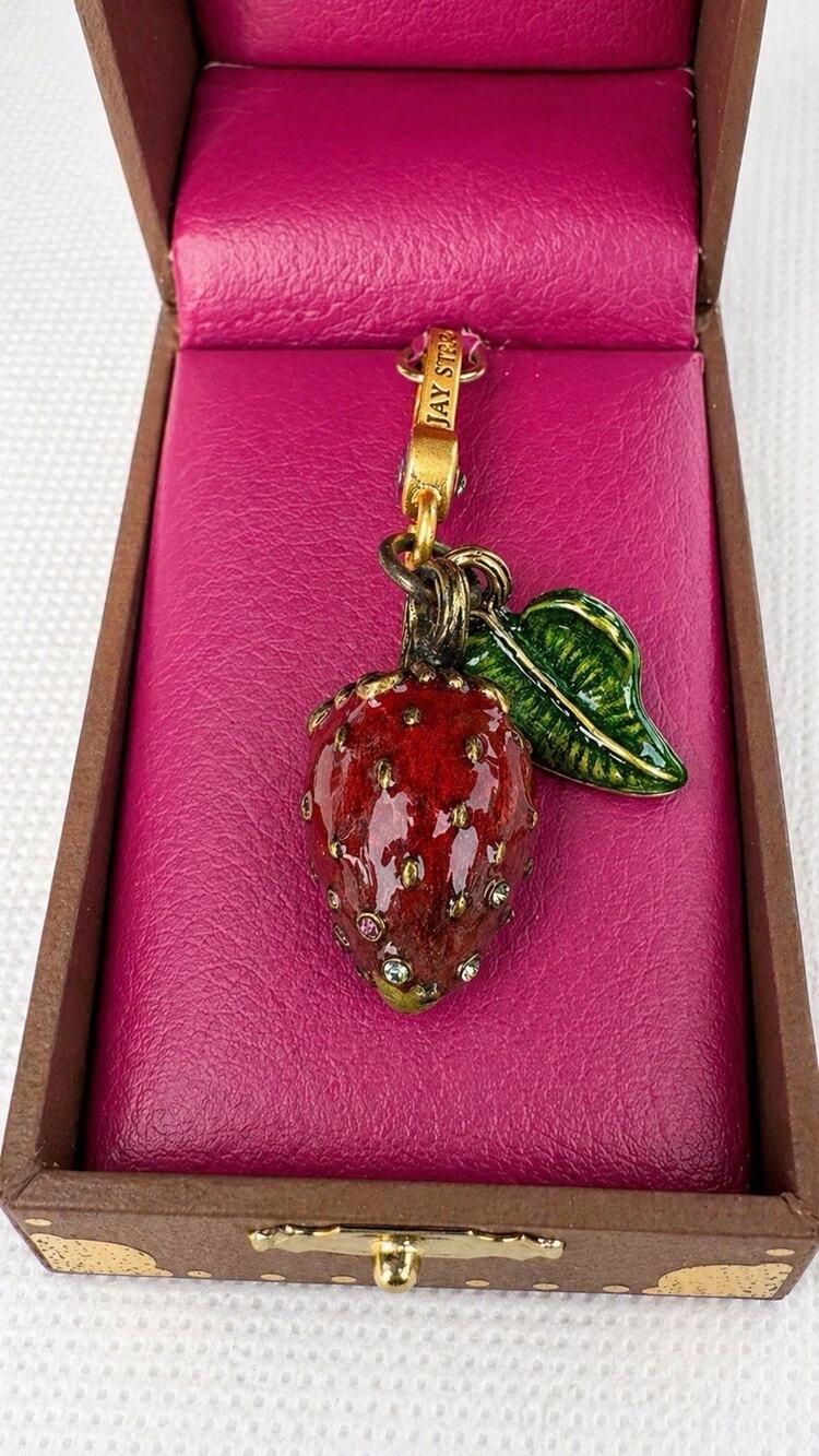 Vintage Jay Strongwater Strawberry Charm Pendant Enamel Crystal New In Box Rare
